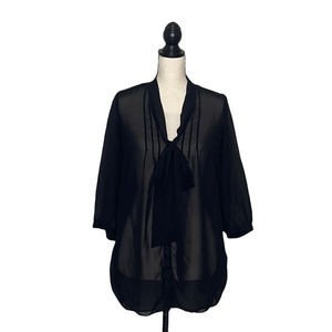 Antilia Femme Sheer Blouse Womens Large L Black Pleated V Neck Button Up Tie